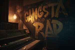 Collage iconografico del Gangsta Rap con riferimenti a N.W.A, Death Row Records e l'era del G-Funk anni '90