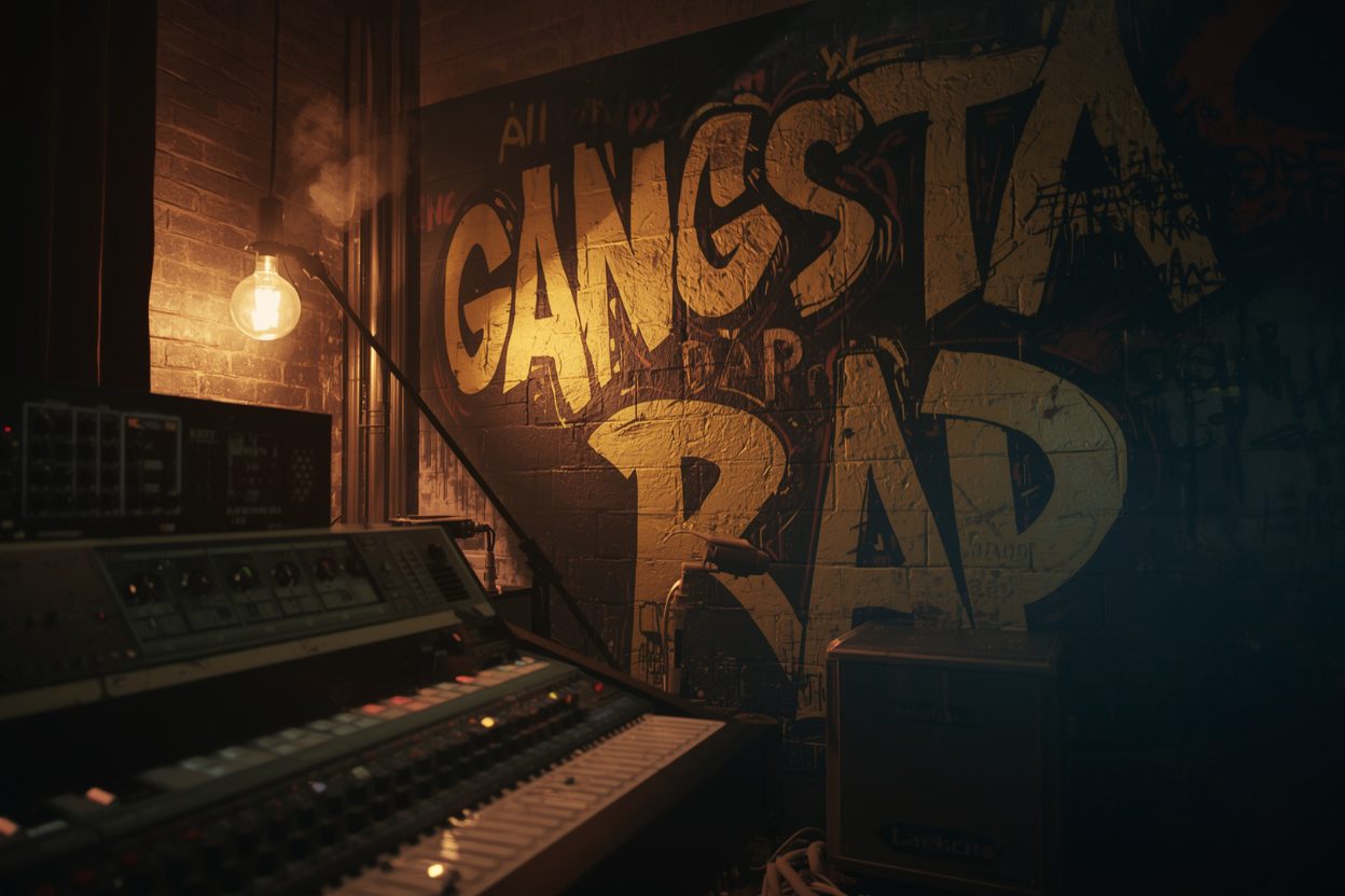 Collage iconografico del Gangsta Rap con riferimenti a N.W.A, Death Row Records e l'era del G-Funk anni '90