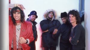 Run-DMC e Aerosmith durante la registrazione di Walk This Way nel marzo 1986