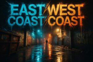 Vicolo urbano notturno con scritta graffiti East Coast West Coast su muri decorati, cover hip hop anni 90