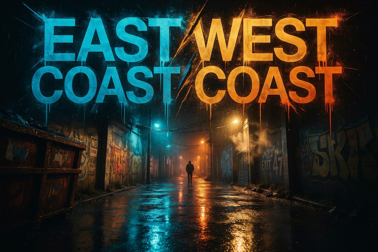 Vicolo urbano notturno con scritta graffiti East Coast West Coast su muri decorati, cover hip hop anni 90