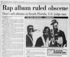 Ritaglio del Miami Herald del 7 giugno 1990 con il titolo Rap album ruled obscene