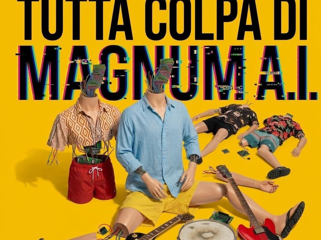 Cover Autoradio Tutta Colpa Magnum Ai 2026 Artwork del singolo Tutta Colpa di Magnum A.I. degli Autoradio, manichini con circuiti al posto della testa