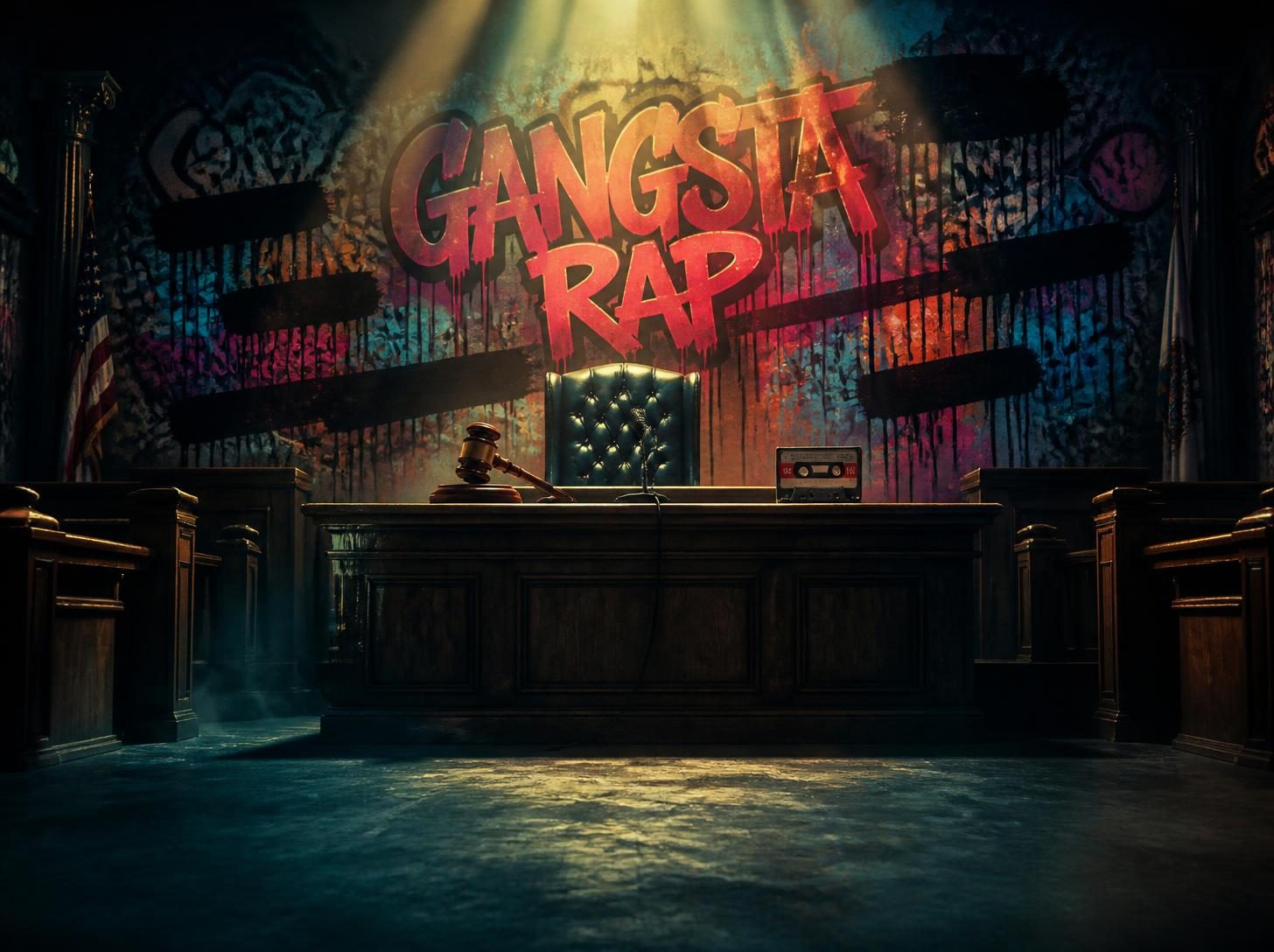 Aula di tribunale buia con martelletto, microfono e musicassetta sul banco del giudice, davanti a un muro di graffiti con la scritta Gangsta Rap