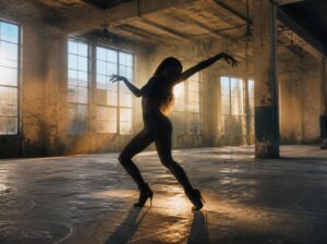 Silhouette di una ballerina in tacchi a spillo in controluce in un capannone industriale abbandonato