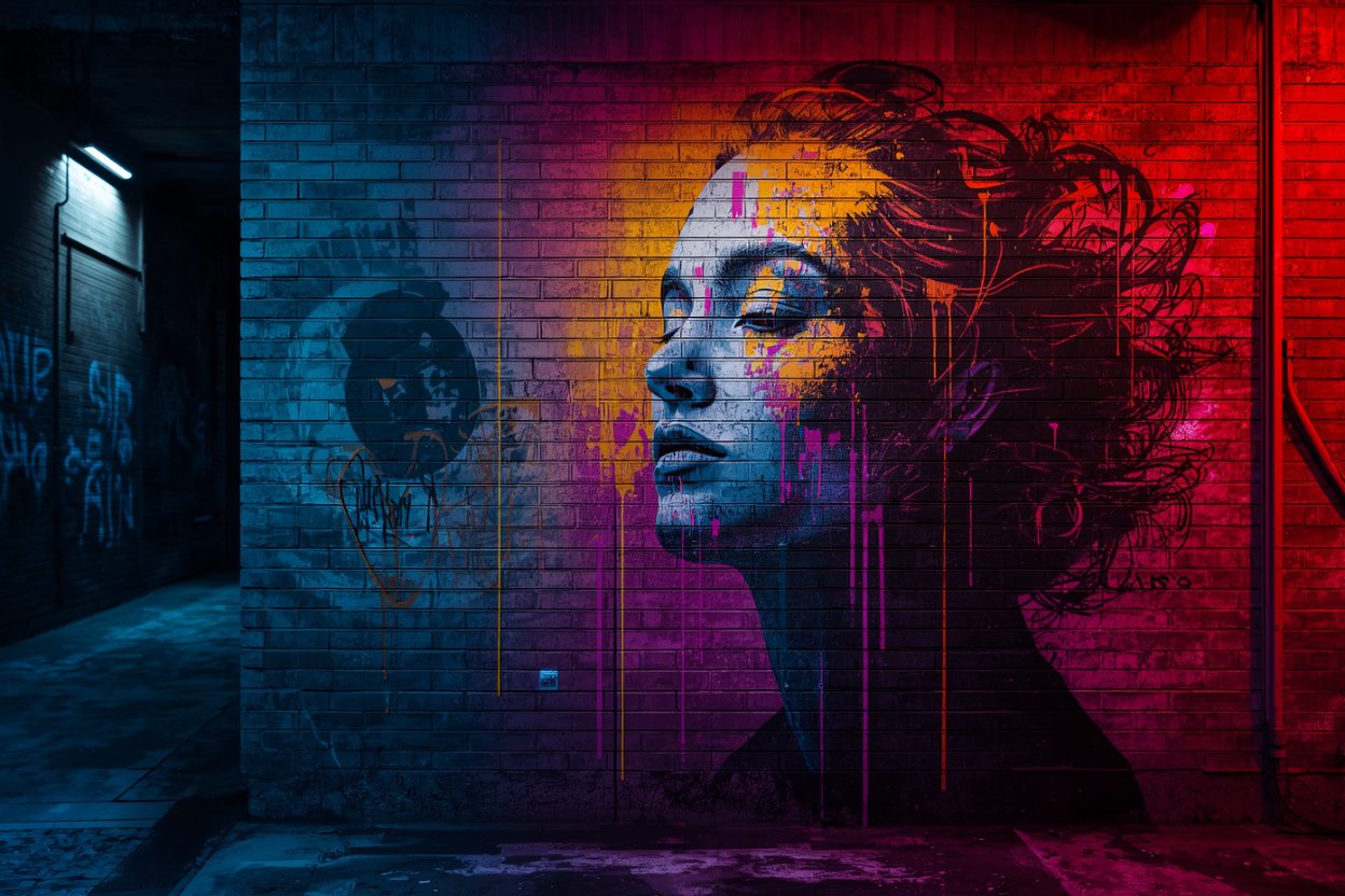 Ritratto digitale in 3D di un volto Hip Hop tra luci al neon e superfici scomposte, stile futuristico