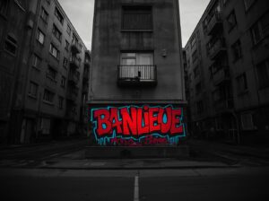 Murale con la scritta “Banlieue” su un palazzo popolare al crepuscolo, tra i palazzi della periferia