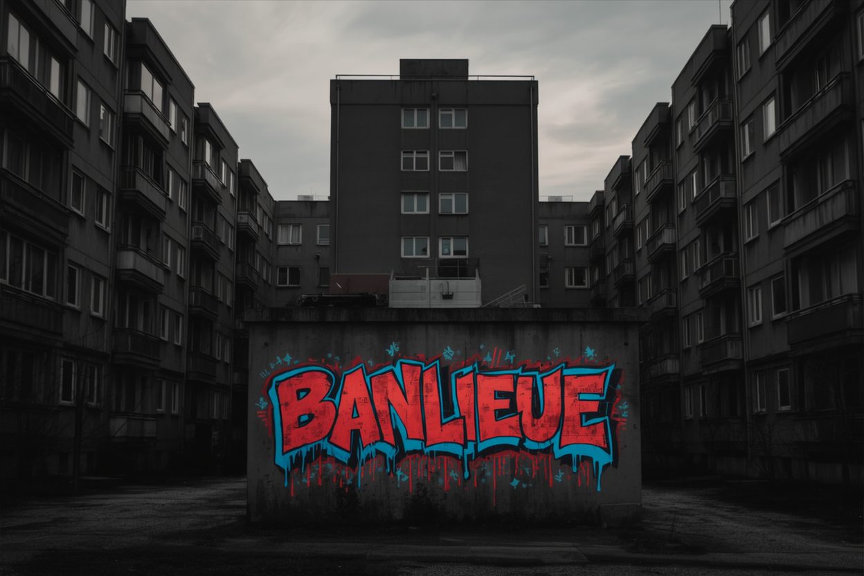 Cortile di case popolari con murale graffiti “Banlieue” tra i palazzoni della periferia parigina