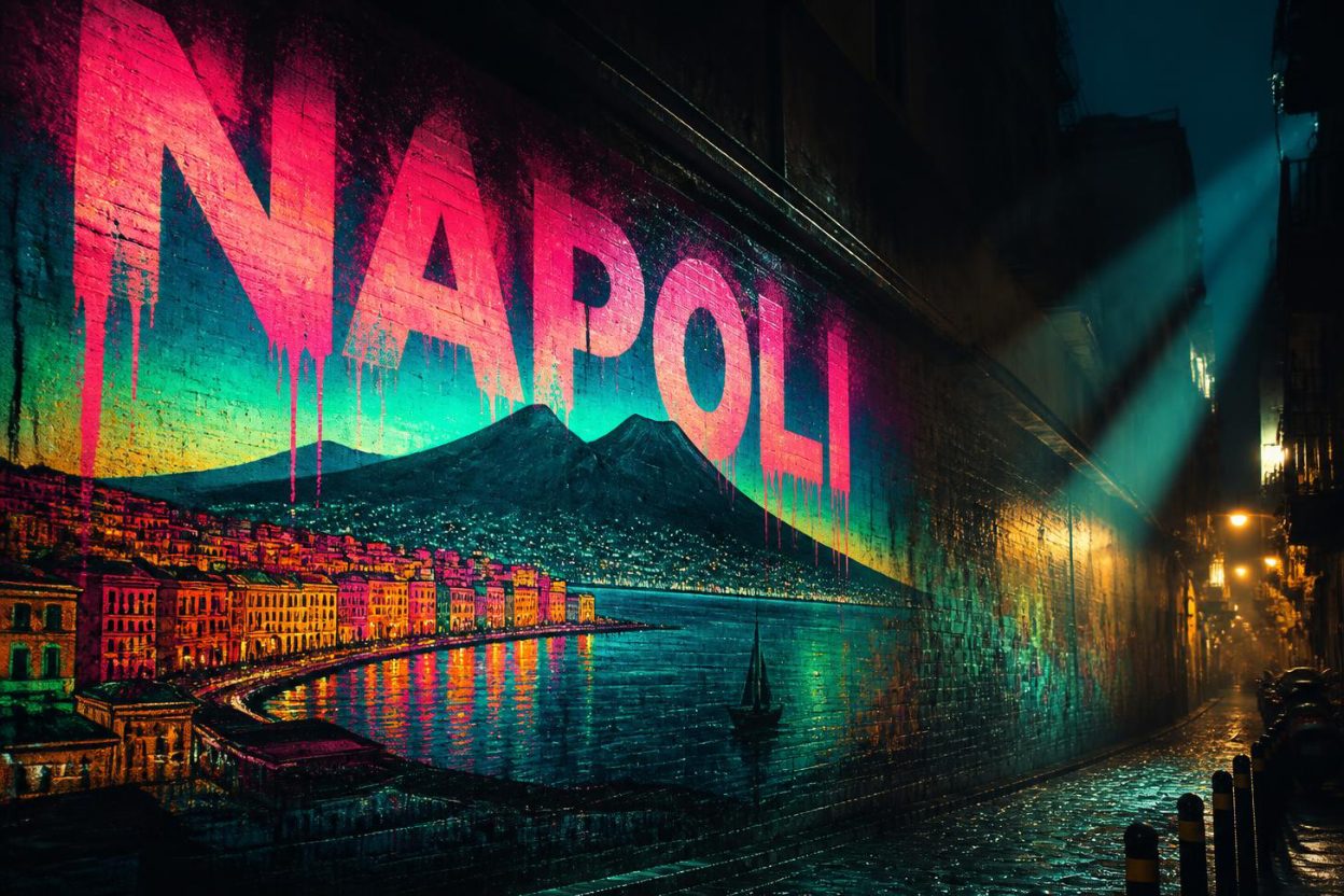 Murale con la scritta NAPOLI e il profilo del Vesuvio in un vicolo illuminato di notte, inquadratura ravvicinata