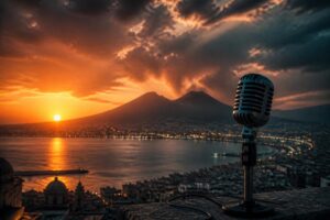 Panorama di Napoli al tramonto con il Vesuvio e un microfono vintage in primo piano, simbolo del rap napoletano