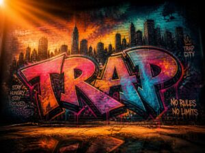 Murale cinematografico con la scritta TRAP e uno skyline urbano sullo sfondo
