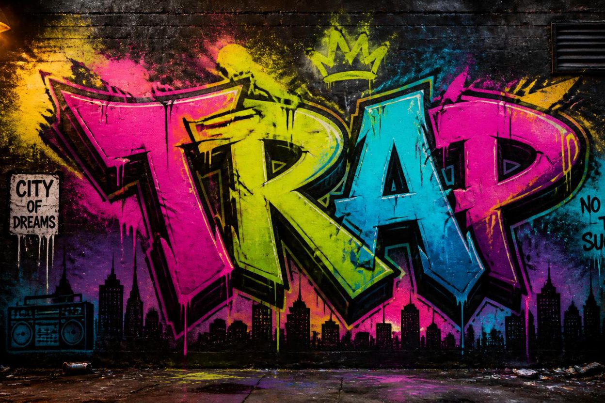 Murale street art con la scritta TRAP in stile graffiti colorato su muro urbano