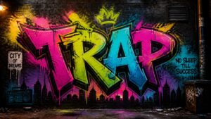 Graffiti urbano con lettere TRAP multicolore e skyline stilizzato sullo sfondo