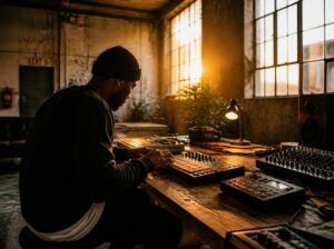 Producer al lavoro su drum machine e sampler in uno studio underground al tramonto