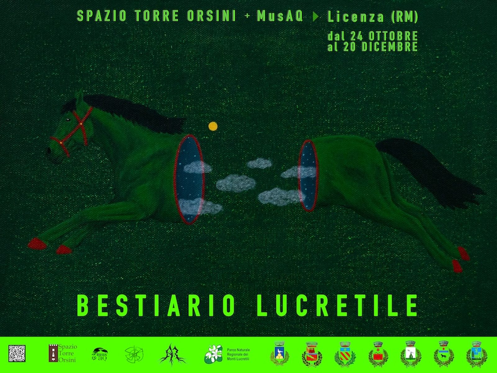 Bestiario Lucretile Locandina Mostra Licenza 2026 Locandina della mostra Bestiario Lucretile con un cavallo verde su sfondo scuro, Licenza 24 ottobre-20 dicembre 2026