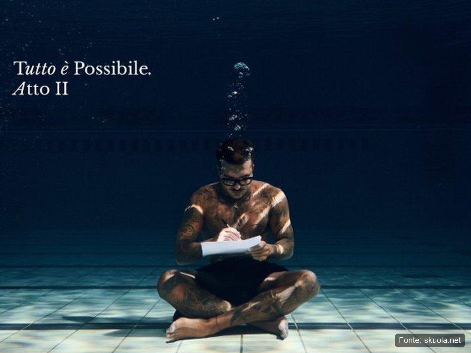 Geolier Tutto E Possibile Atto 2 Artwork Album 2026 Artwork di Tutto è possibile Atto 2 di Geolier, il rapper seduto sul fondo di una piscina