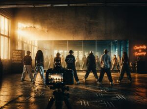 Sala prove industriale al tramonto con ballerini di spalle davanti a uno specchio, atmosfera da classe di LA Style Hip Hop