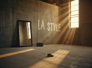 Scritta LA Style su un muro di cemento in una sala vuota con specchio, radio e raggi di luce dalla finestra
