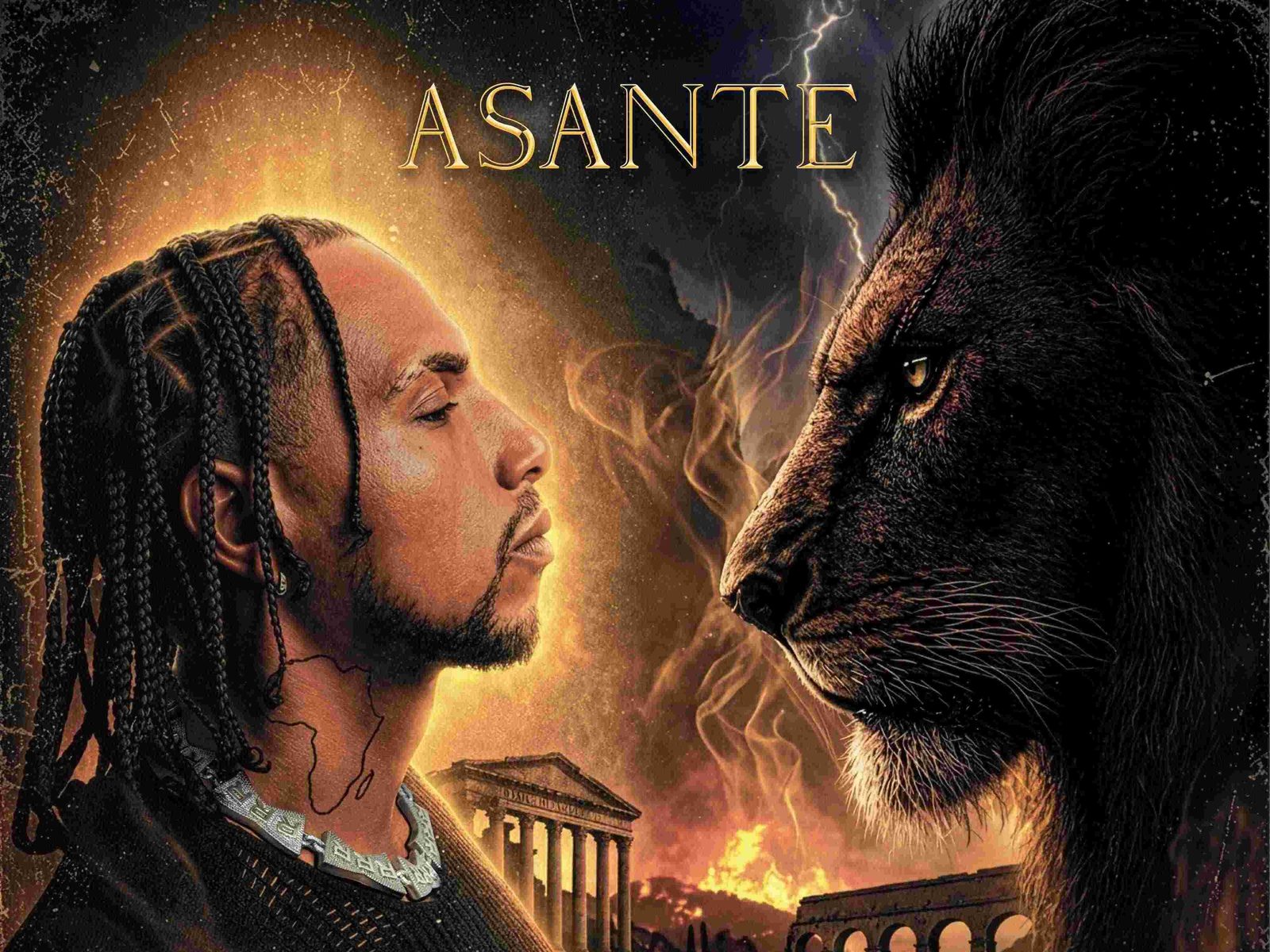 Laioung Asante Copertina Album 2026 Copertina dell'album Asante di Laioung con l'artista di profilo davanti a un leone