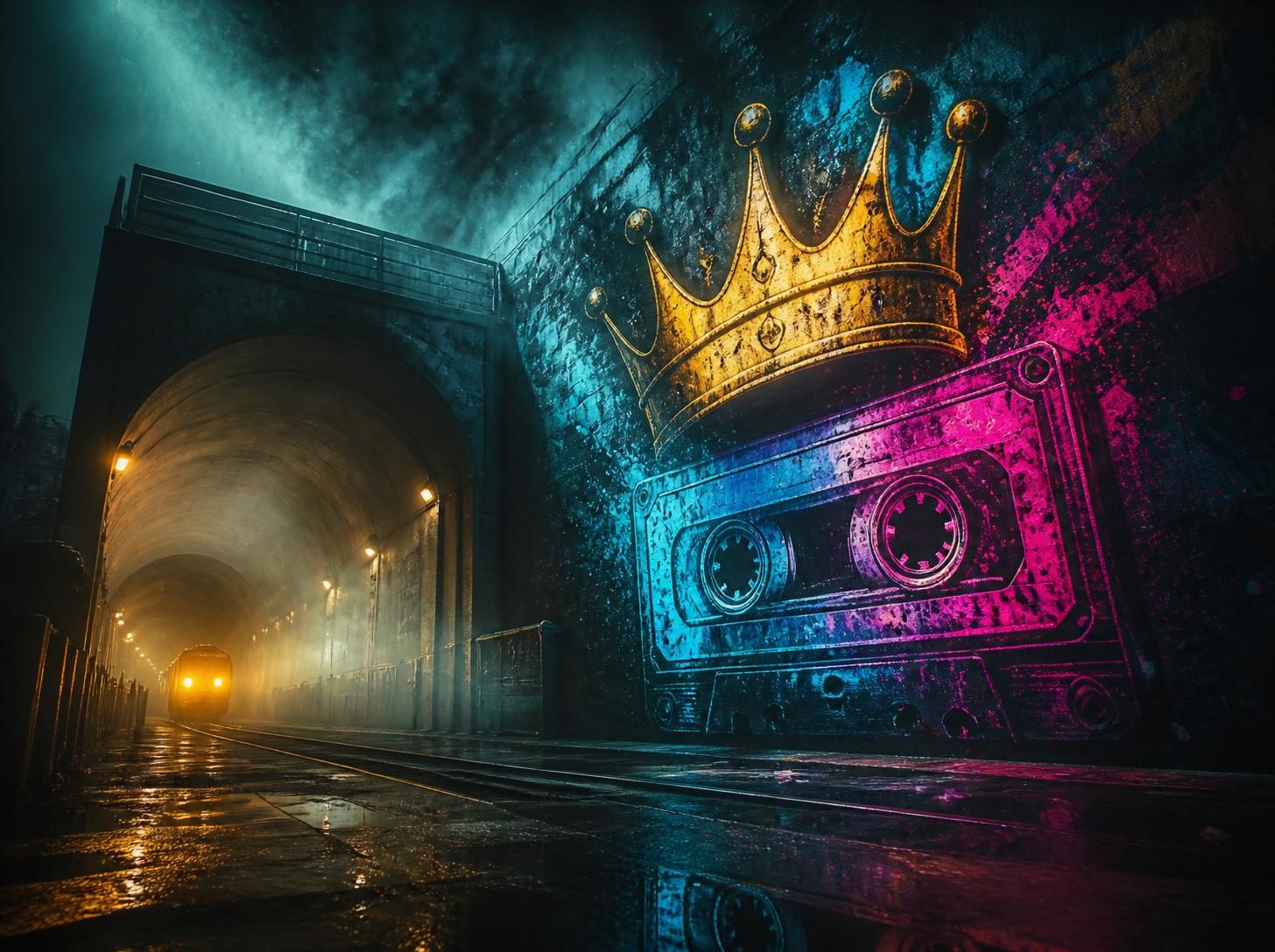 Murale di una corona dorata e di una cassetta colorata su un muro accanto a un tunnel, immagine simbolo della nuova East Coast