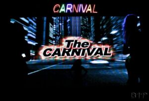 Schermo con il logo The Carnival e insegna al neon durante lo show The Carnival: Choreographer's Ball a Los Angeles
