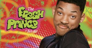 Will Smith con sguardo ammiccante accanto al logo graffiti The Fresh Prince of Bel-Air su fondo rosso e verde
